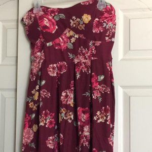 Maroon Strapless floral dress.